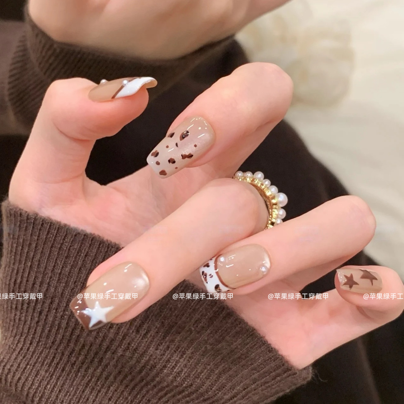 【摩卡星】豹纹法式可爱甜美气质手工穿戴甲片棕色星星可拆卸美甲