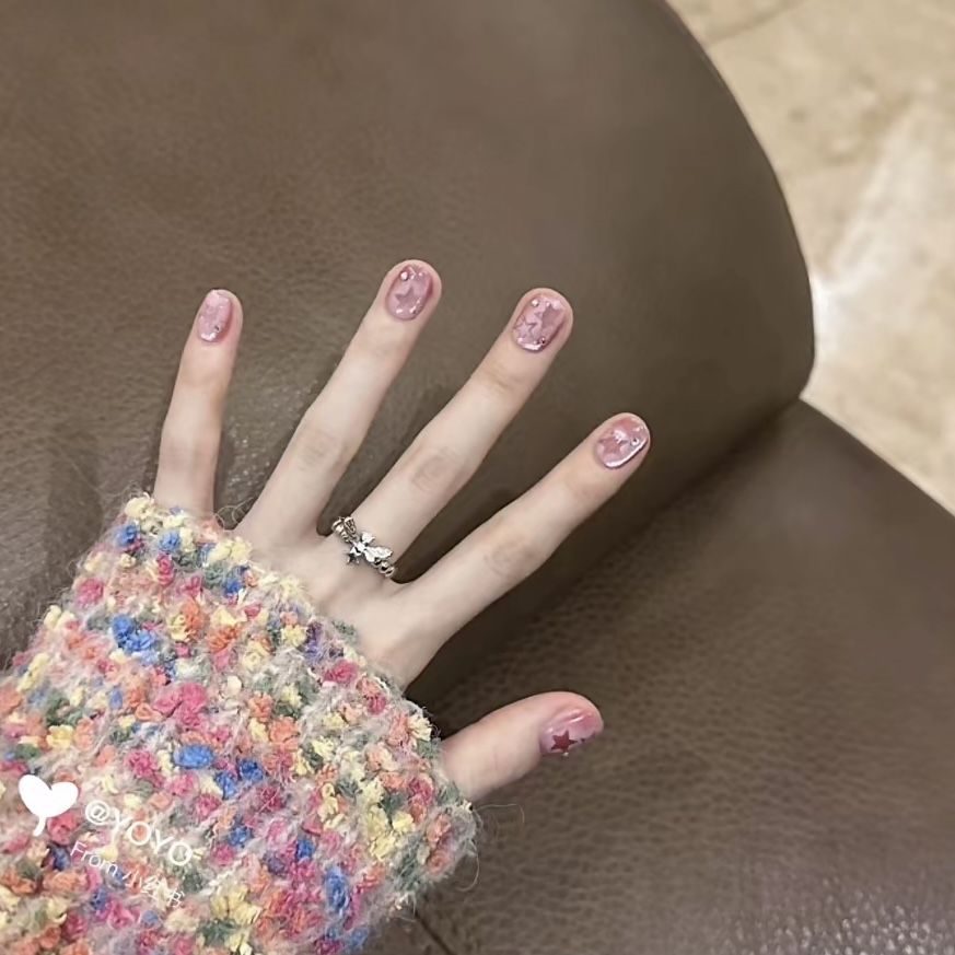 闪闪粉嫩星星猫眼美甲贴片y2k千玺辣妹显白短款美甲穿戴甲