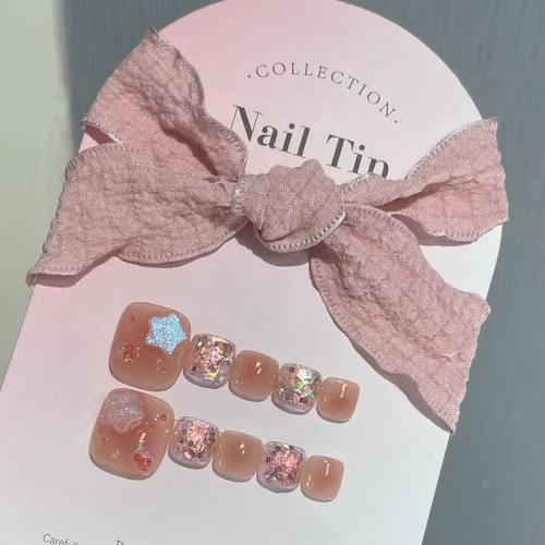 【冰茶星星】脚指甲纯手工穿戴甲粉色美甲贴片爆闪亮片假指甲贴片