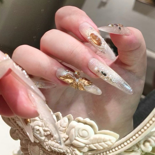 秋冬高级感玻璃珠猫眼香槟色K9碎钻美甲纯手工穿戴甲 太阳神