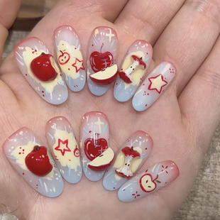 手工穿戴甲立体苹果半卡通可爱美甲贴片可拆卸短款 青苹果