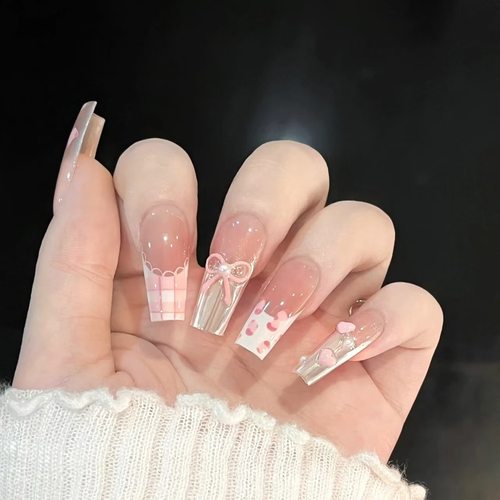 穿戴甲手工甜美可爱法式豹纹爆闪魔镜粉立体蝴蝶结氛围感格纹美甲