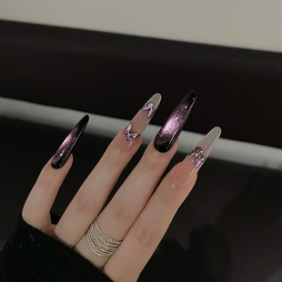 纯手工爆闪猫眼穿戴甲高级感手绘蝴蝶美甲细狗长尖 梦幻紫福蝶