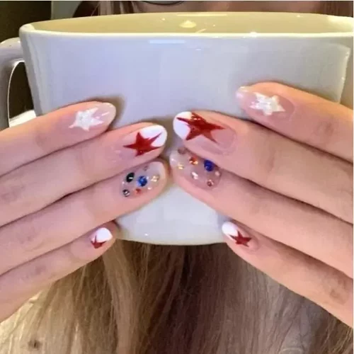 纯手工穿戴甲红蓝色撞色星星甜酷小众显白纯欲高级感简约美甲贴片