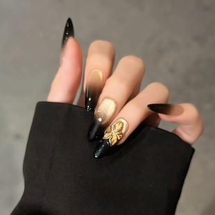 ins风显白穿戴甲美甲贴片假指甲片 猫眼长款 手工雕花 黑金王后