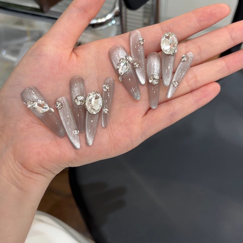 长尖细狗满锆石纯手工穿戴甲裸色显白成品美甲贴片K9钻拆卸假指甲