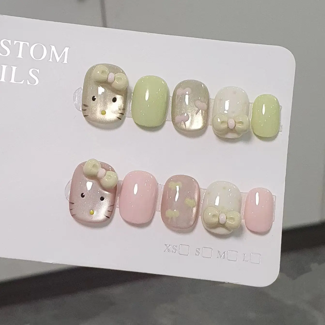 新款猫眼手工穿戴甲可爱风AB款显白凯蒂猫美甲