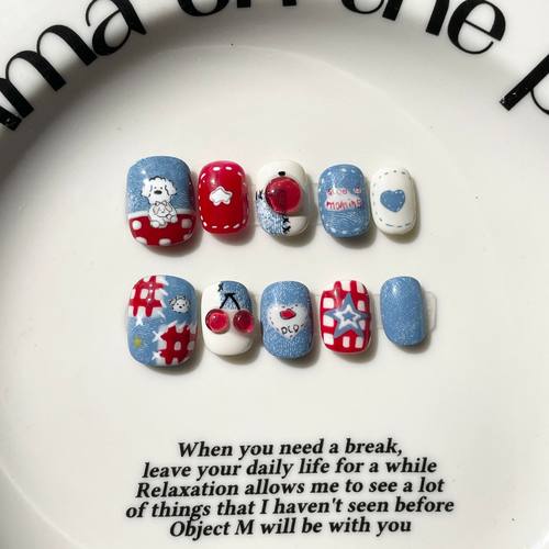 手工穿戴甲手绘穿戴式流行可爱捏捏猫眼短款成品甲片ins风穿戴甲