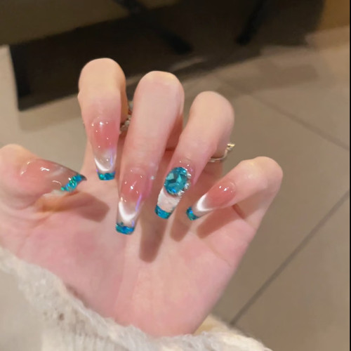 【蓝色多巴胺】手工穿戴甲新款冰透蓝钻美甲气质冰透猫眼美甲贴片