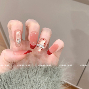 爆闪锆石雪花堆钻高级感灯带美甲 纯手工穿戴甲红色法式 雪里红