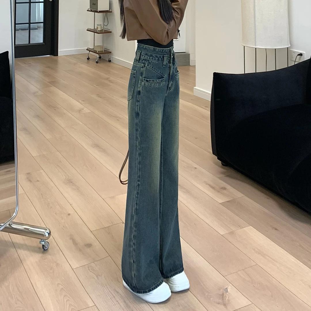 2025韩版春季爆款喇叭裤女复古时尚宽松牛仔裤高腰显瘦设计感长裤