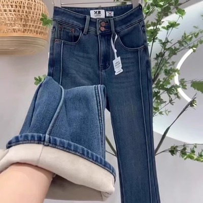 加绒加厚复古蓝微喇牛仔裤女2025年秋冬新款小个子高腰显瘦喇叭裤