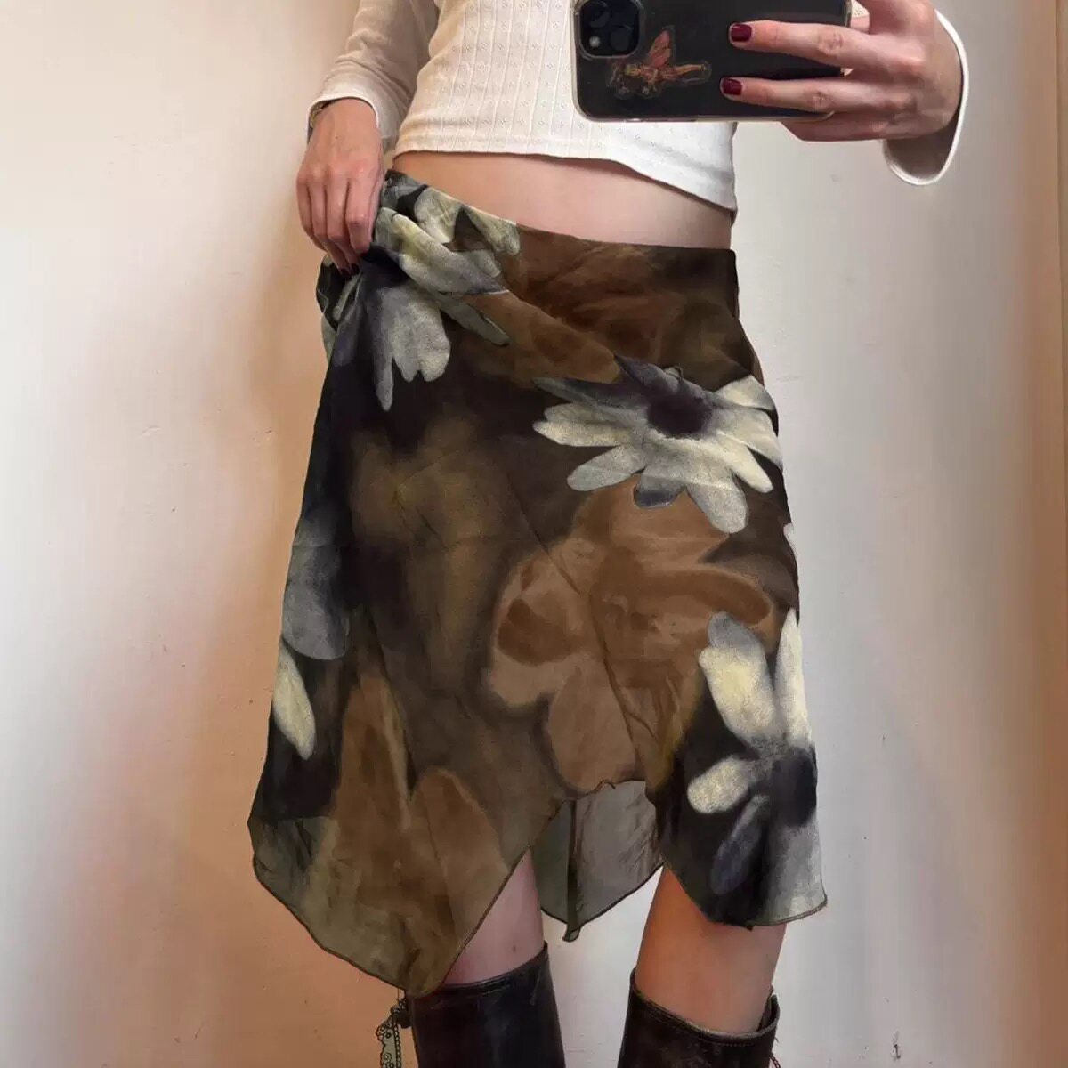 复古棕色大花卉印花网纱半身裙女