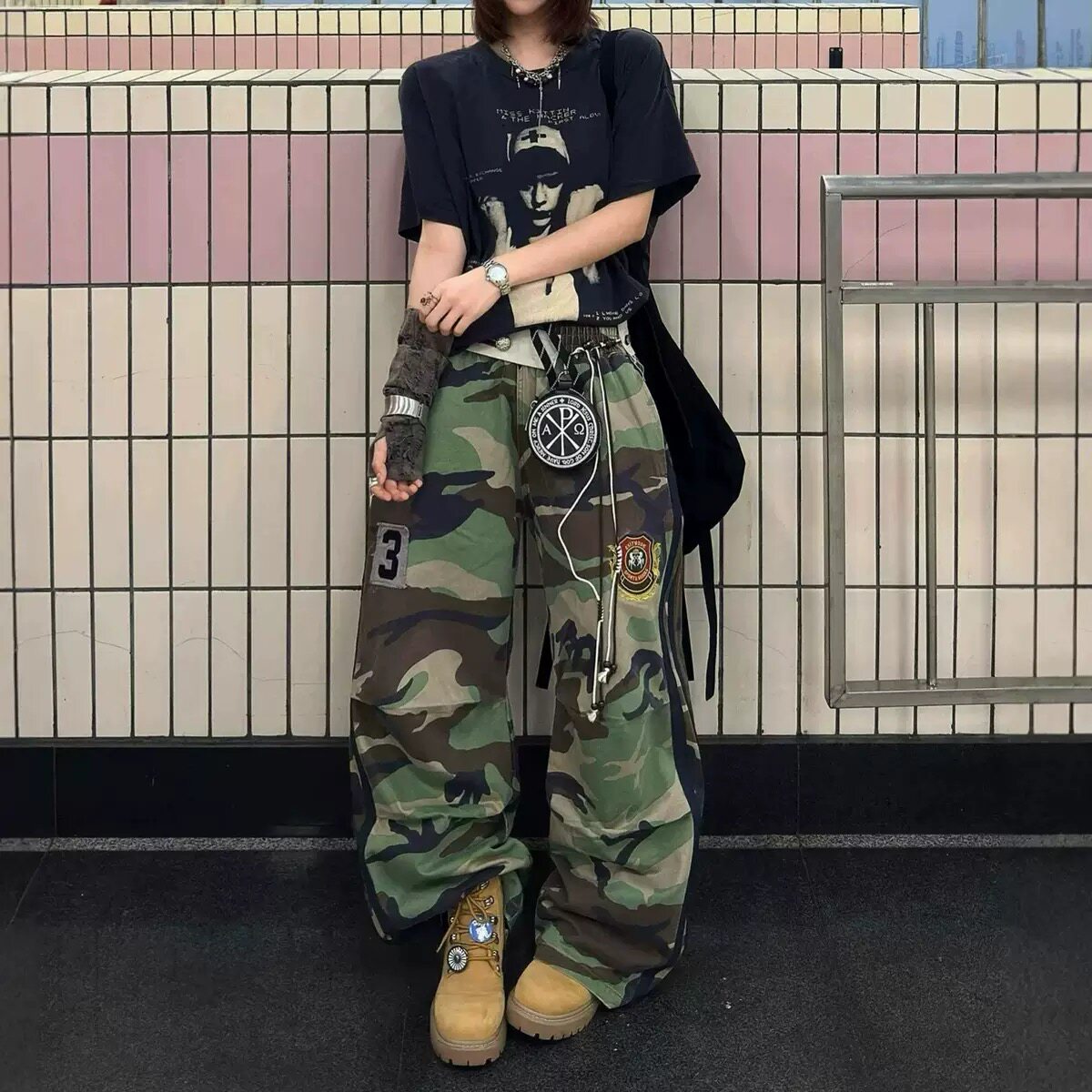 古着嘻哈双腰头拼接长裤子女秋冬