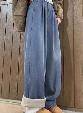 深蓝色巨好看的牛仔裤加绒女秋冬小个子宽松垂感窄版直筒阔腿裤子