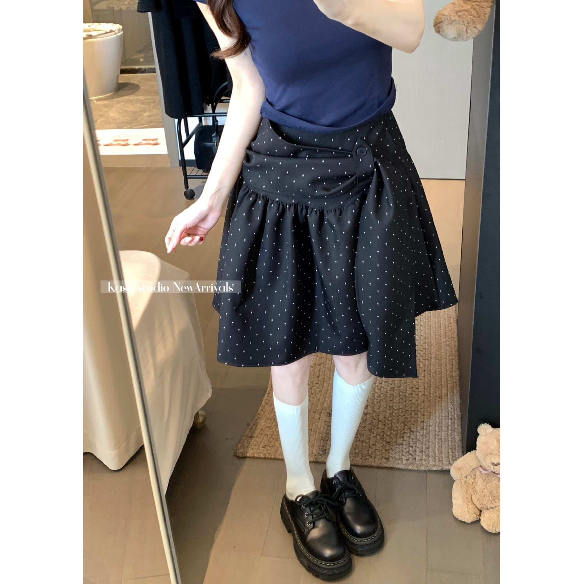 黑色高级感飘带波点半身裙女夏季新款高腰显瘦A字裙蓬蓬半身裙子