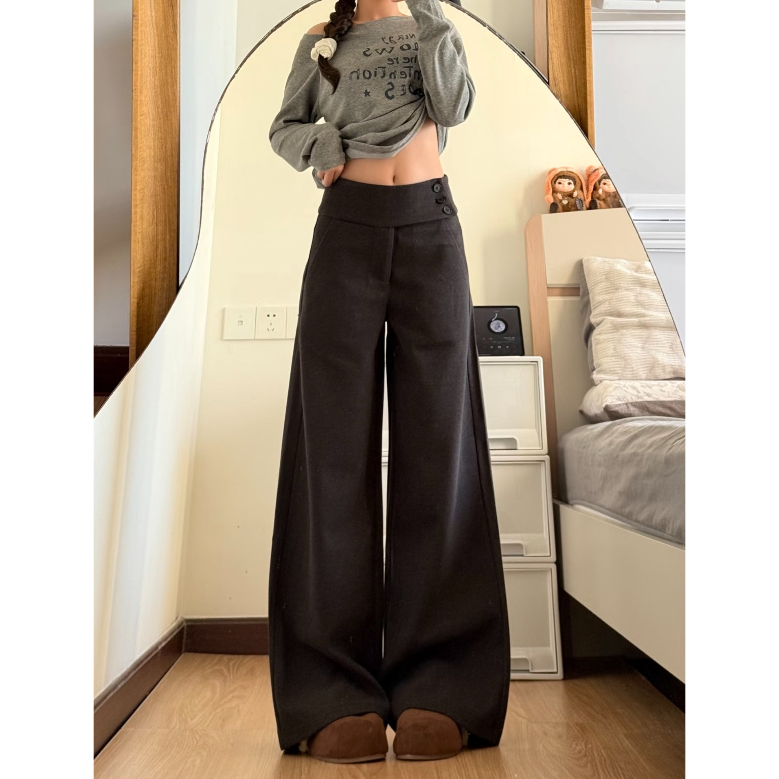 深灰色毛呢阔腿裤女秋冬季纽扣