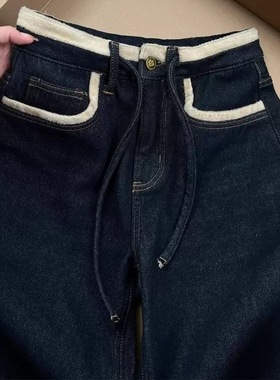 复古深蓝色加绒直筒牛仔裤女冬季设计感高腰宽松显瘦休闲阔腿裤子