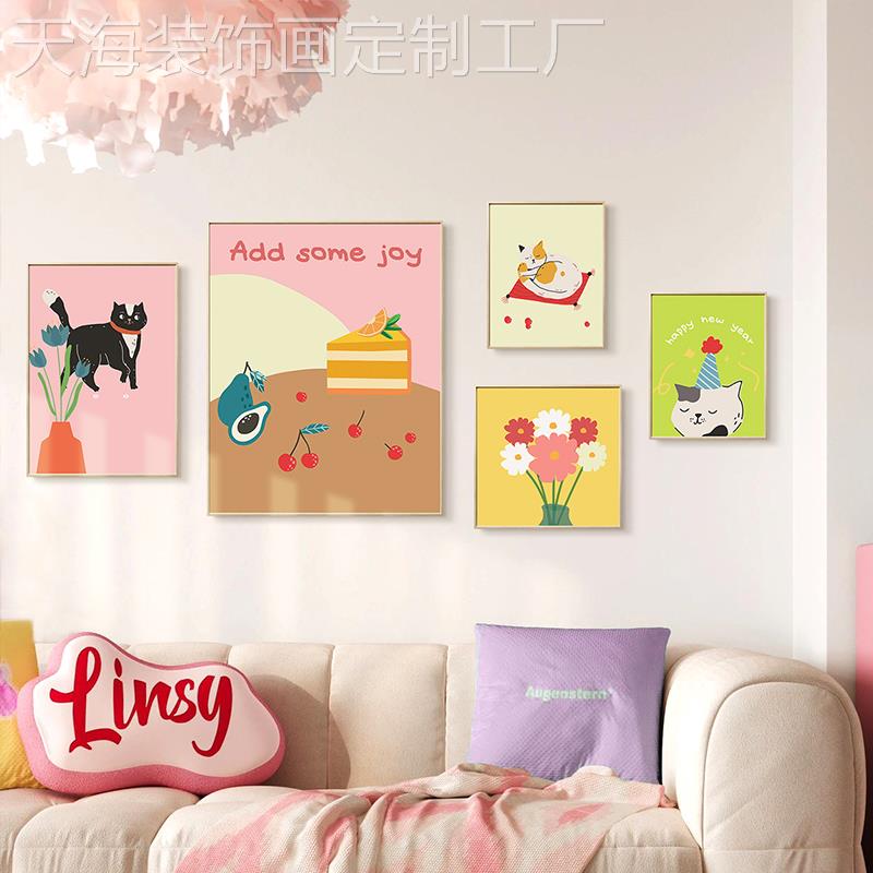 网红新胺款粉色多巴饰组合厅装画沙发风背景墙挂画客卡通猫咪图片
