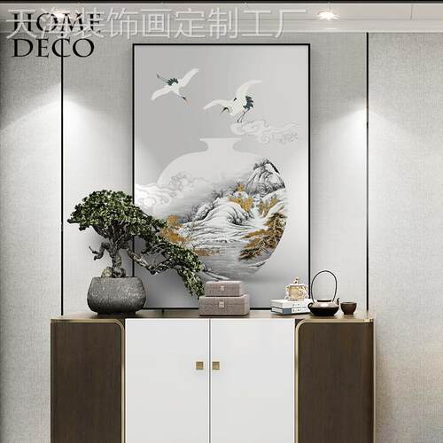 网红新中式玄饰画室进门走装廊过道竖瓶版关挂画国画山水茶花图案