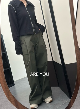 春秋新品韩国verso简约休闲大口袋军绿色直筒工装休闲裤女
