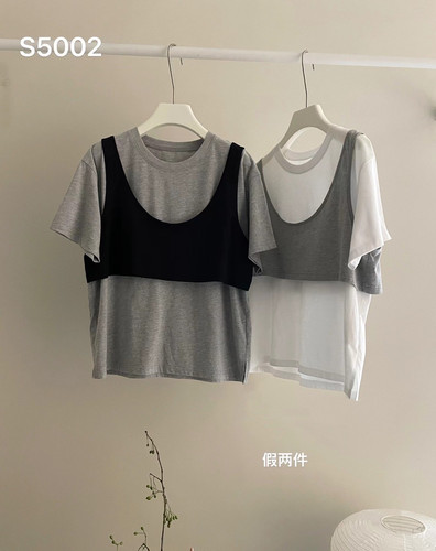 春夏新品韩国handwash33家个性松垮慵懒假两件T恤均码女t百搭减龄