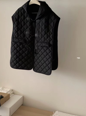 鸡蛋家egg真皮牛角扣黑色菱形格含棉斗篷马甲背心宽松均码女披肩