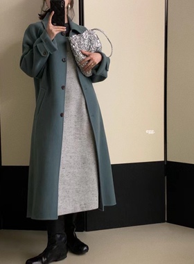 新品韩国egg鸡蛋简约基础长款湖蓝双面羊绒大衣外套均码女