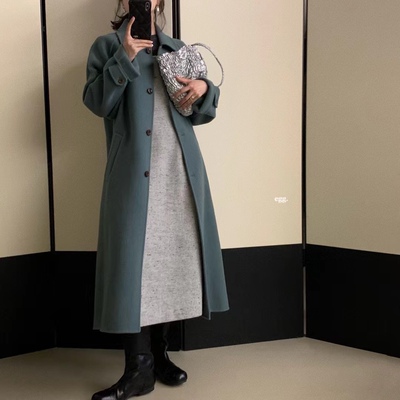 新品韩国egg鸡蛋简约基础长款湖蓝双面羊绒大衣外套均码女