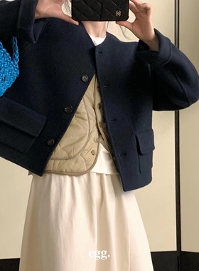 经典冬季韩国egg鸡蛋简约基础圆领口袋短款双面羊绒大衣外套均码