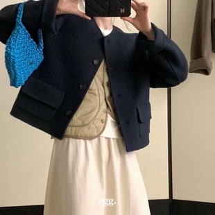 经典冬季韩国egg鸡蛋简约基础圆领口袋短款双面羊绒大衣外套均码