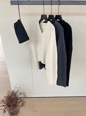 秋冬新品韩国verso简约麻花v领全羊毛针织毛衣显瘦宽松上衣均码女