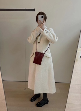 秋冬新品韩国verso气质收腰圈圈羊毛翻领大衣长款外套均码