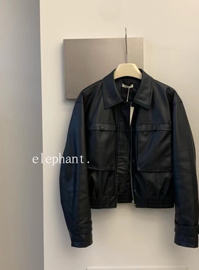 秋冬新品韩国elephant简约气质翻领口袋拉链款pu皮衣夹克外套女
