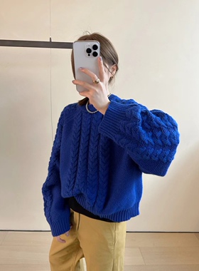 秋冬新品韩国verso麻花全羊毛蝙蝠袖粗针织套头毛衣不挑人宽松版