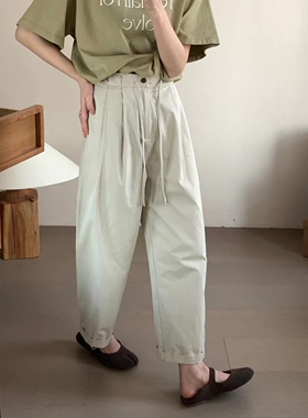 月亮家新品韩国aboutmoon半松紧腰抽绳休闲西装直筒裤女百搭