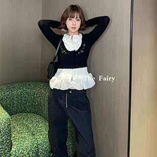 好漂亮黑白拼色假两件针织羊毛衫女2025年冬季新款短上衣时尚热销