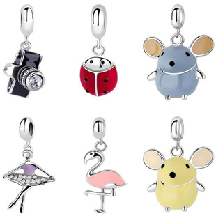 相机瓢虫老鼠芭蕾女孩串珠925纯银吊坠滴胶DIY配件手链大孔珠子