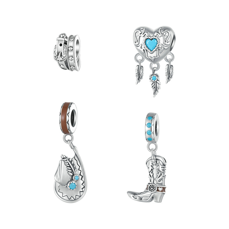 西部牛仔复古皮靴帽子diy吊坠 绿松石捕梦 网S925银手链配件