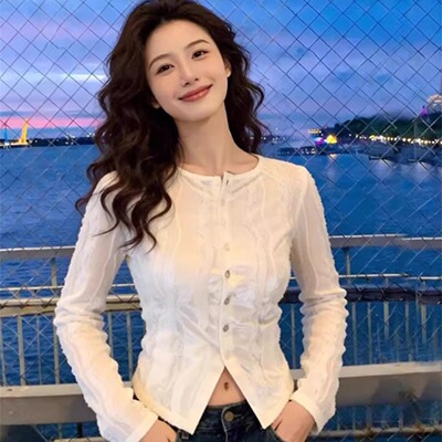 轻奢高级感白色蕾丝长袖T恤女