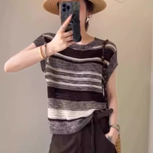 韩版复古条纹撞色圆领短袖针织衫
