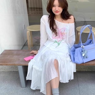 慵懒风扶桑花印花微透长袖T恤女夏新款宽松休闲薄款防晒罩衫上衣