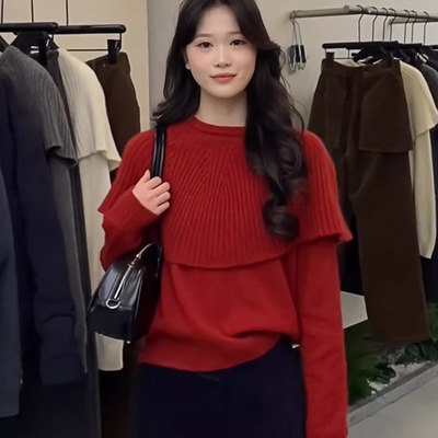 韩系红色假两件斗篷针织打底衫
