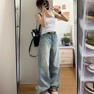 美式辣妹铆钉方领白色吊带背心女