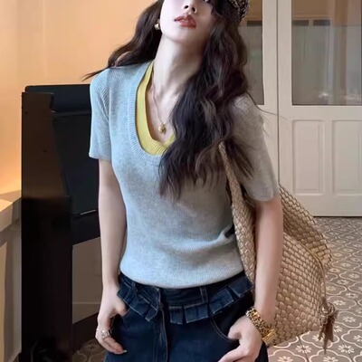 韩系chic灰色假两件V领针织衫