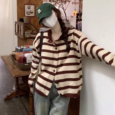 复古设计感条纹撞色长袖针织开衫