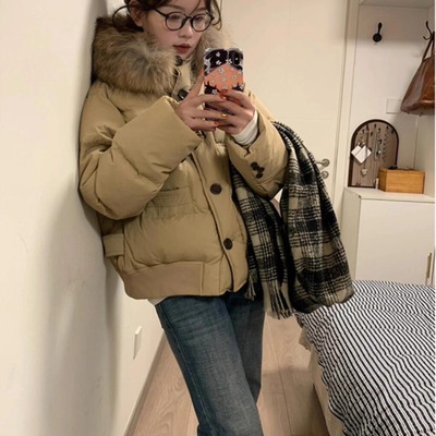 美式复古大毛领连帽棉服女