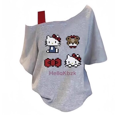 美式辣妹趣味kitty猫印花斜肩T恤