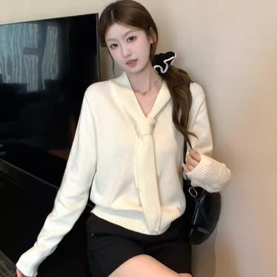 软糯慵懒风V领绑带针织衫女