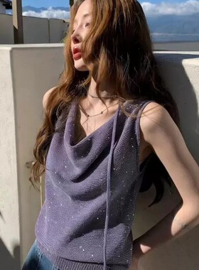 韩系chic别致紫色针织吊带背心女夏季独特漂亮外穿内搭坎肩小上衣